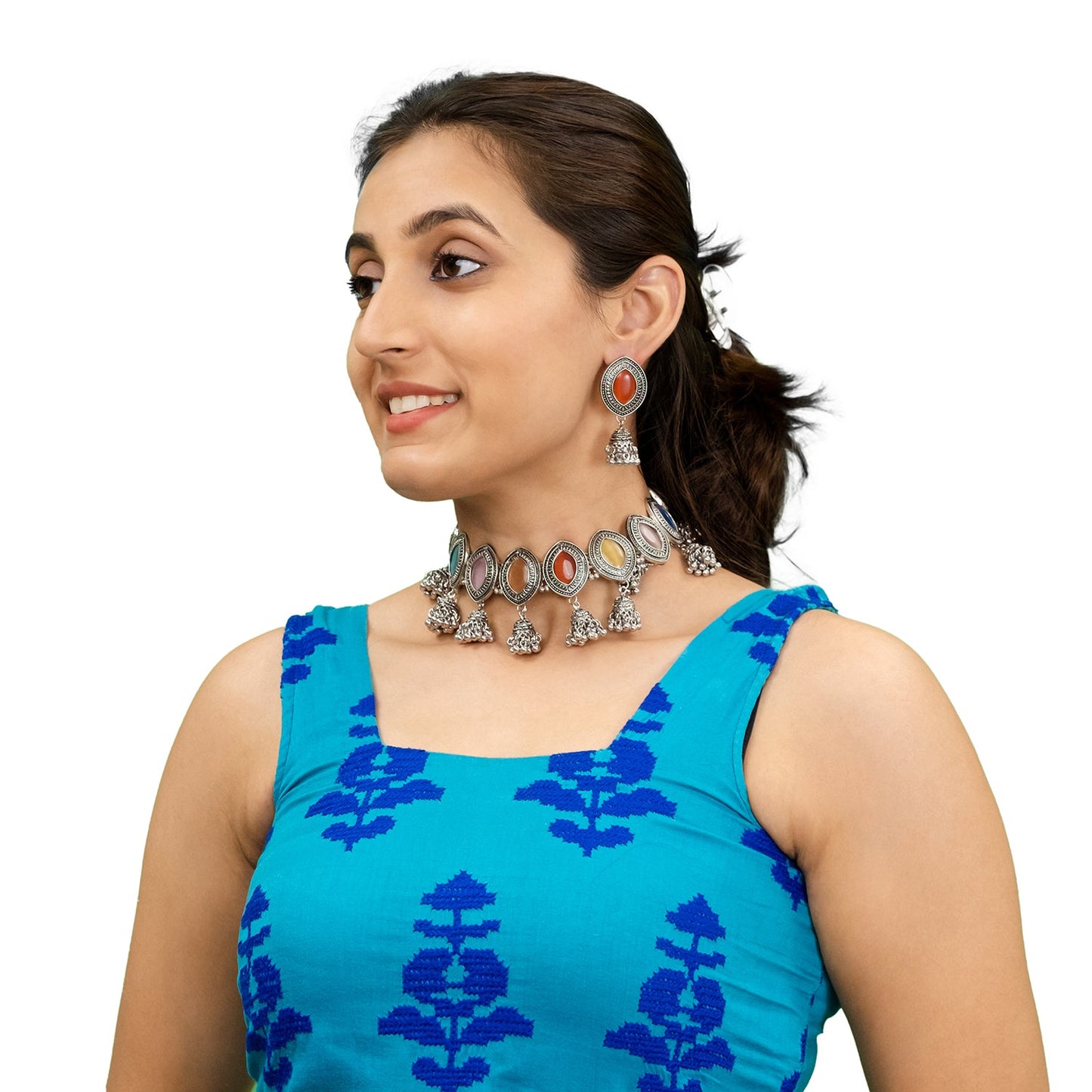 Shining Jewel Silver Plated Oxidised Stone Studed & Beaded Jhumki Design Tribal Necklace with Adjustable Dori Maching Earring Jewellery Jewelry Set (SJN_288_D2_MT)