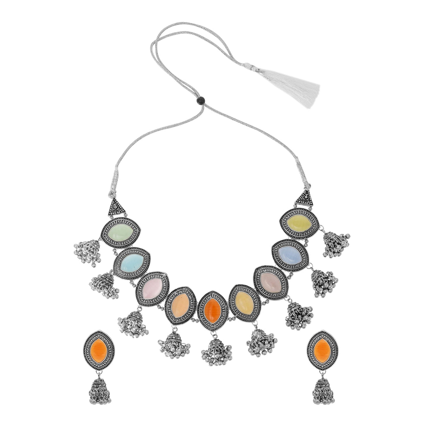 Shining Jewel Silver Plated Oxidised Stone Studed & Beaded Jhumki Design Tribal Necklace with Adjustable Dori Maching Earring Jewellery Jewelry Set (SJN_288_D2_MT)