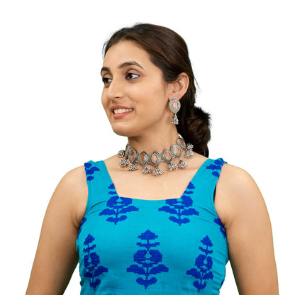 Shining Jewel Silver Plated Oxidised Stone Studed & Beaded Jhumki Design Tribal Necklace with Adjustable Dori Maching Earring Jewellery Jewelry Set (SJN_288_D2_PH)