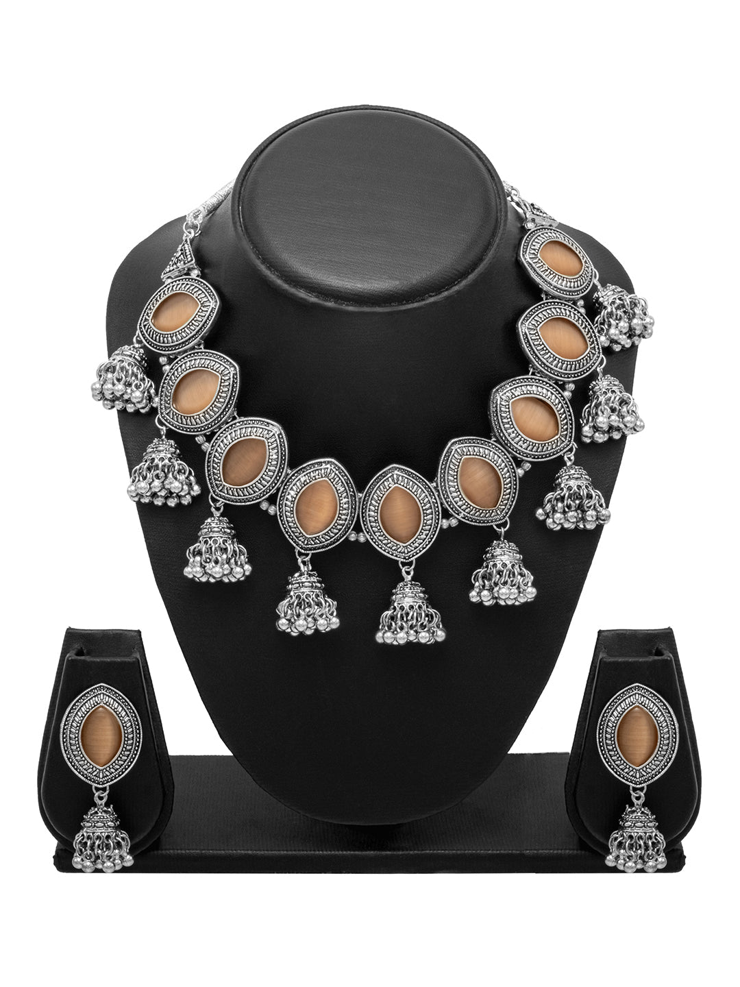 Shining Jewel Silver Plated Oxidised Stone Studed & Beaded Jhumki Design Tribal Necklace with Adjustable Dori Maching Earring Jewellery Jewelry Set (SJN_288_D2_PH)