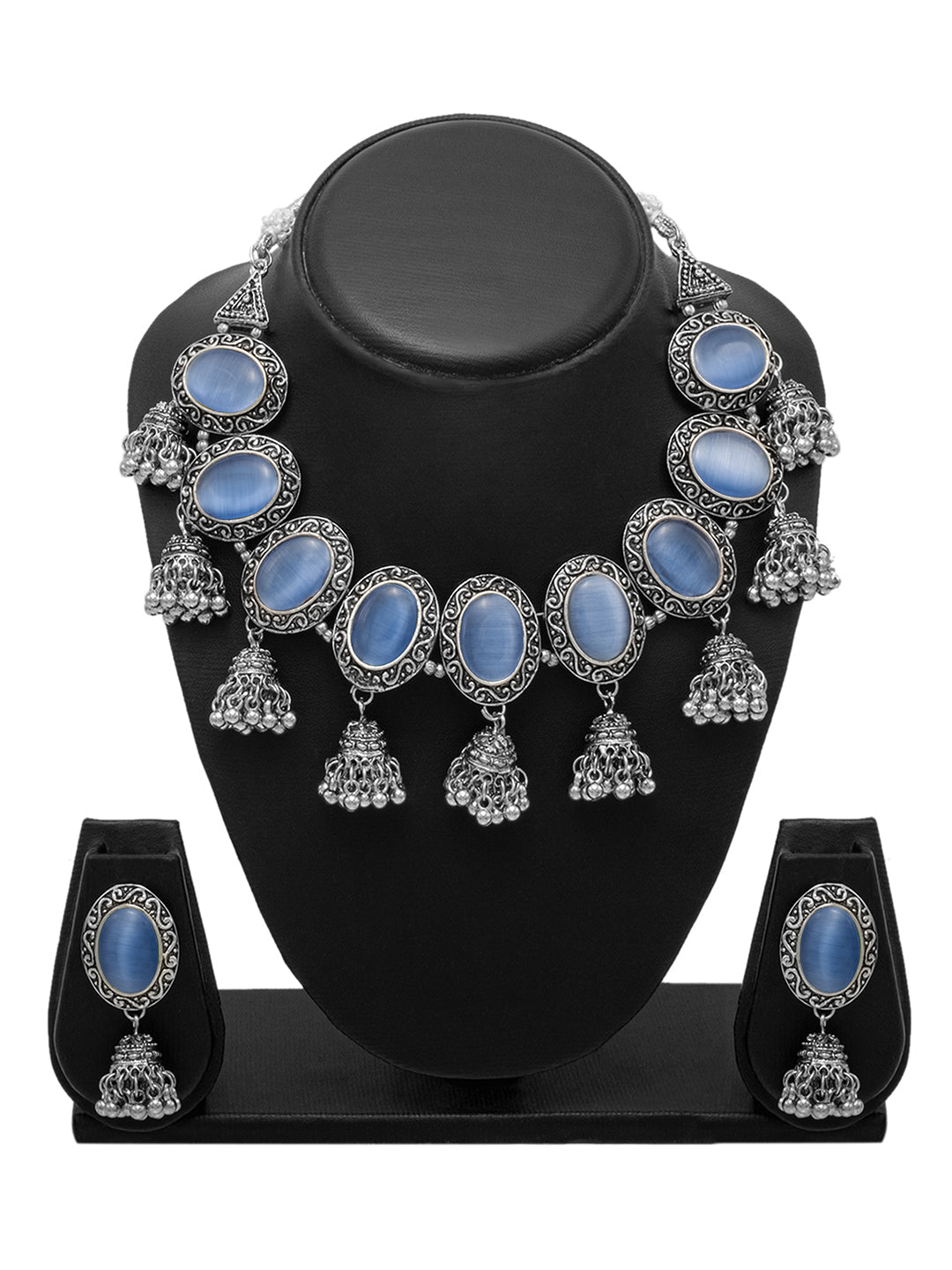 Shining Jewel Silver Plated Oxidised Stone Studed & Beaded Jhumki Design Tribal Necklace with Adjustable Dori Maching Earring Jewellery Jewelry Set (SJN_288_D3_BL)