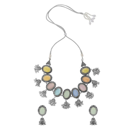 Shining Jewel Silver Plated Oxidised Stone Studed & Beaded Jhumki Design Tribal Necklace with Adjustable Dori Maching Earring Jewellery Jewelry Set (SJN_288_D3_MT)