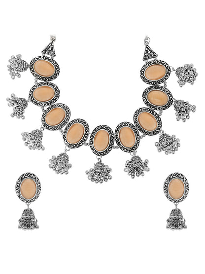 Shining Jewel Silver Plated Oxidised Stone Studed & Beaded Jhumki Design Tribal Necklace with Adjustable Dori Maching Earring Jewellery Jewelry Set (SJN_288_D3_PH)