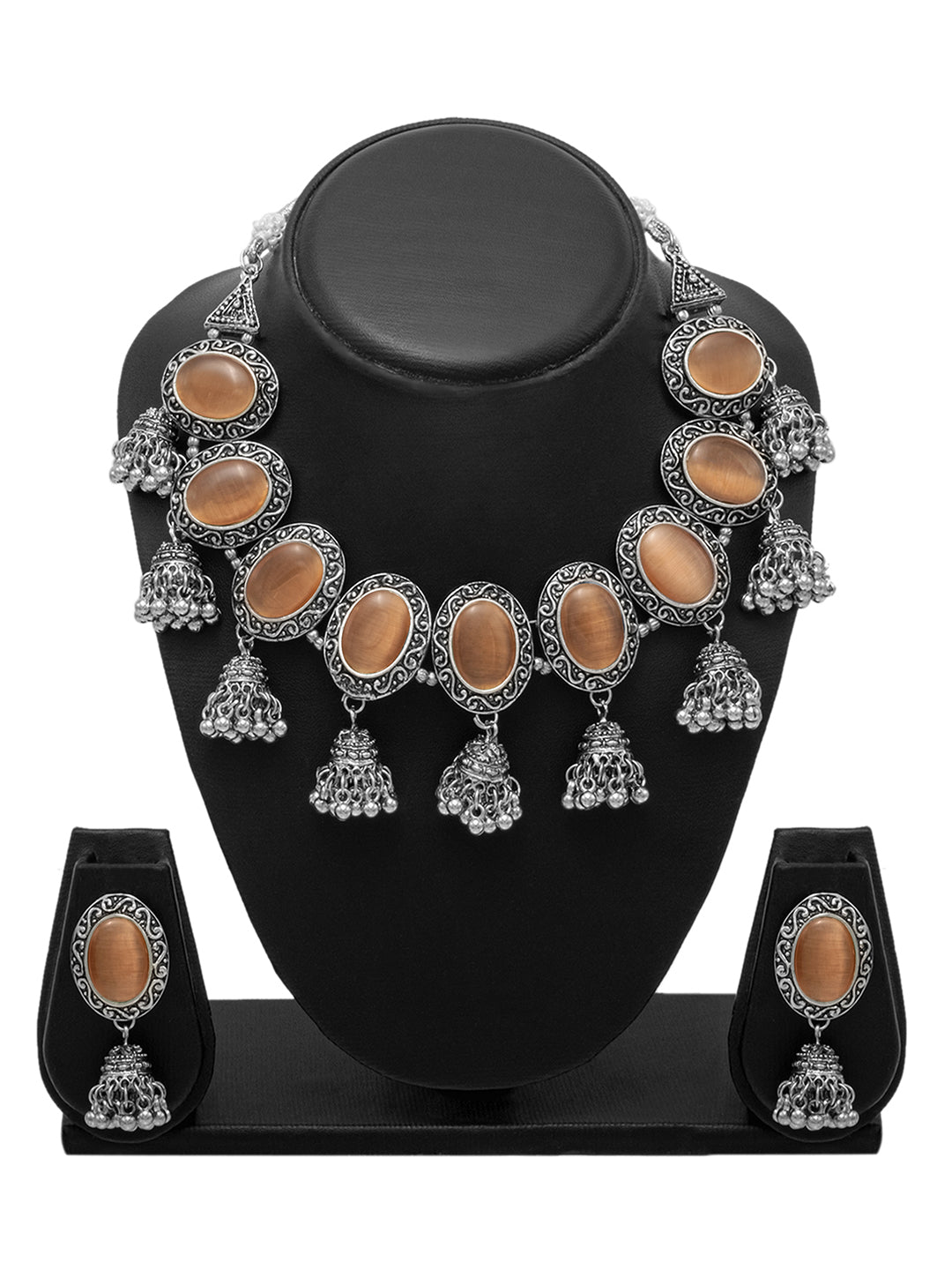 Shining Jewel Silver Plated Oxidised Stone Studed & Beaded Jhumki Design Tribal Necklace with Adjustable Dori Maching Earring Jewellery Jewelry Set (SJN_288_D3_PH)