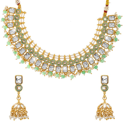 Shining Jewel Gold Plated CZ, Kundan, Peal,Studded Meenakari Bridal Choker with Matching Jhumka Earring Necklace Jewellery Set (SJN_289_LG)