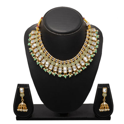 Shining Jewel Gold Plated CZ, Kundan, Peal,Studded Meenakari Bridal Choker with Matching Jhumka Earring Necklace Jewellery Set (SJN_289_LG)