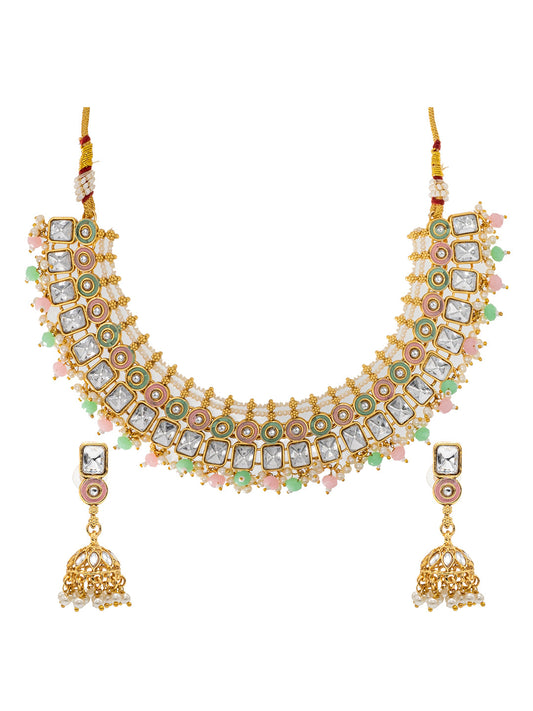 Shining Jewel Gold Plated CZ, Kundan, Peal,Studded Meenakari Bridal Choker with Matching Jhumka Earring Necklace Jewellery Set (SJN_289_PG)