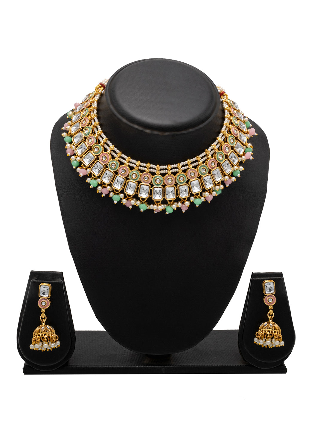 Shining Jewel Gold Plated CZ, Kundan, Peal,Studded Meenakari Bridal Choker with Matching Jhumka Earring Necklace Jewellery Set (SJN_289_PG)