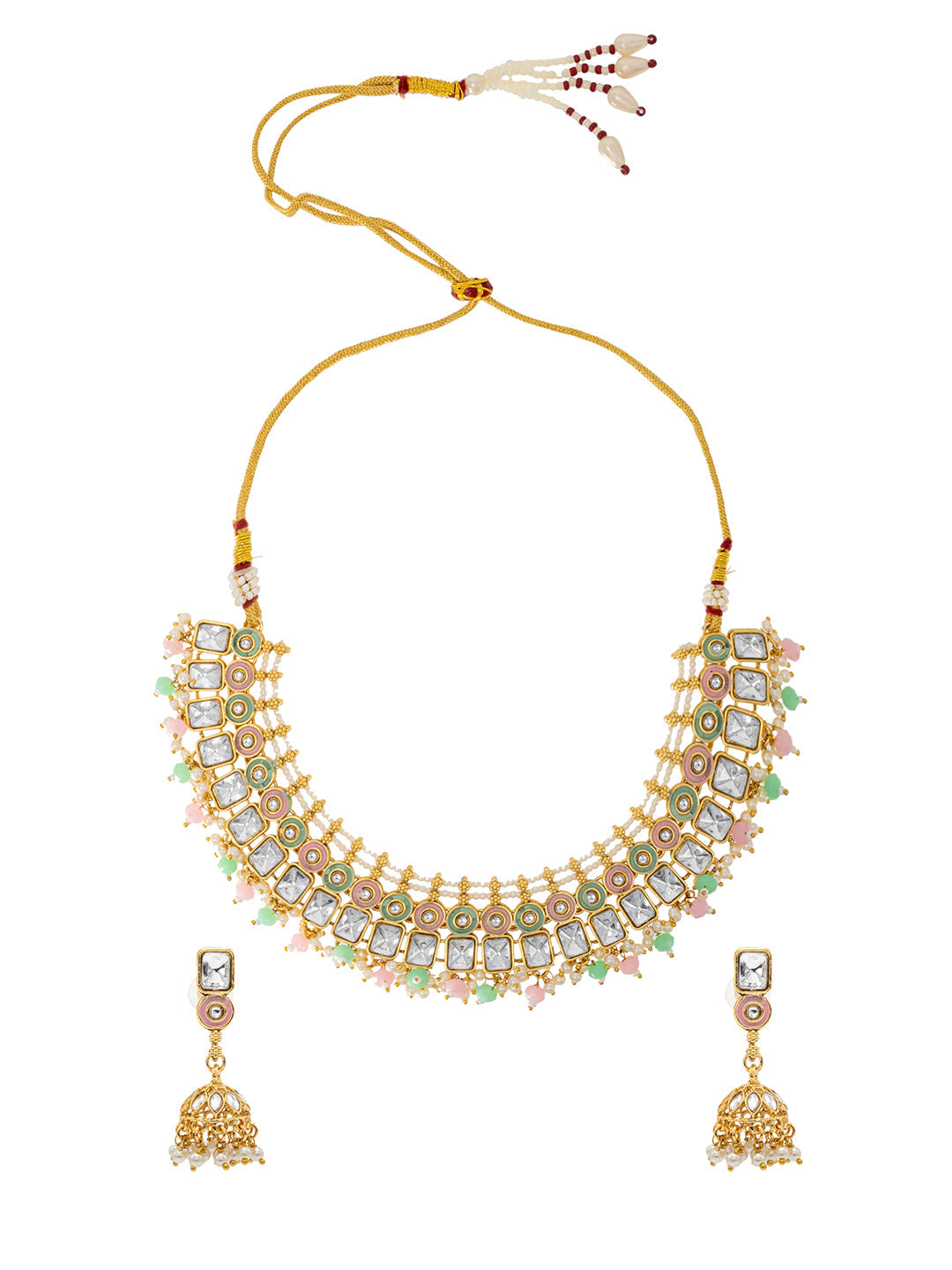 Shining Jewel Gold Plated CZ, Kundan, Peal,Studded Meenakari Bridal Choker with Matching Jhumka Earring Necklace Jewellery Set (SJN_289_PG)