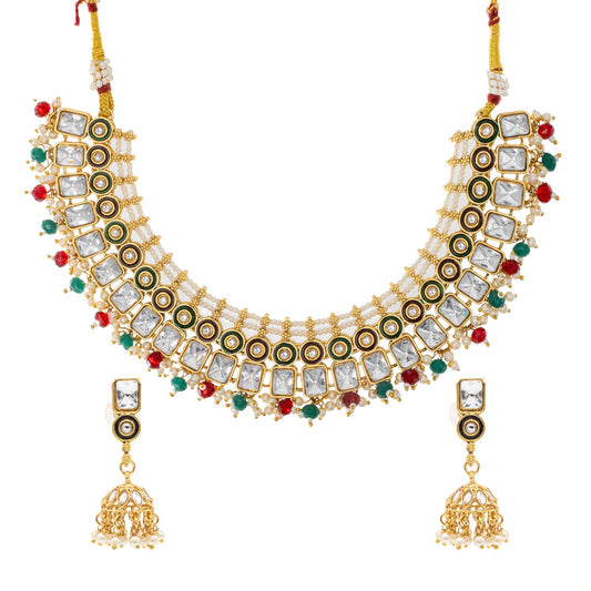 Shining Jewel Gold Plated CZ, Kundan, Peal,Studded Meenakari Bridal Choker with Matching Jhumka Earring Necklace Jewellery Set (SJN_289_RG)