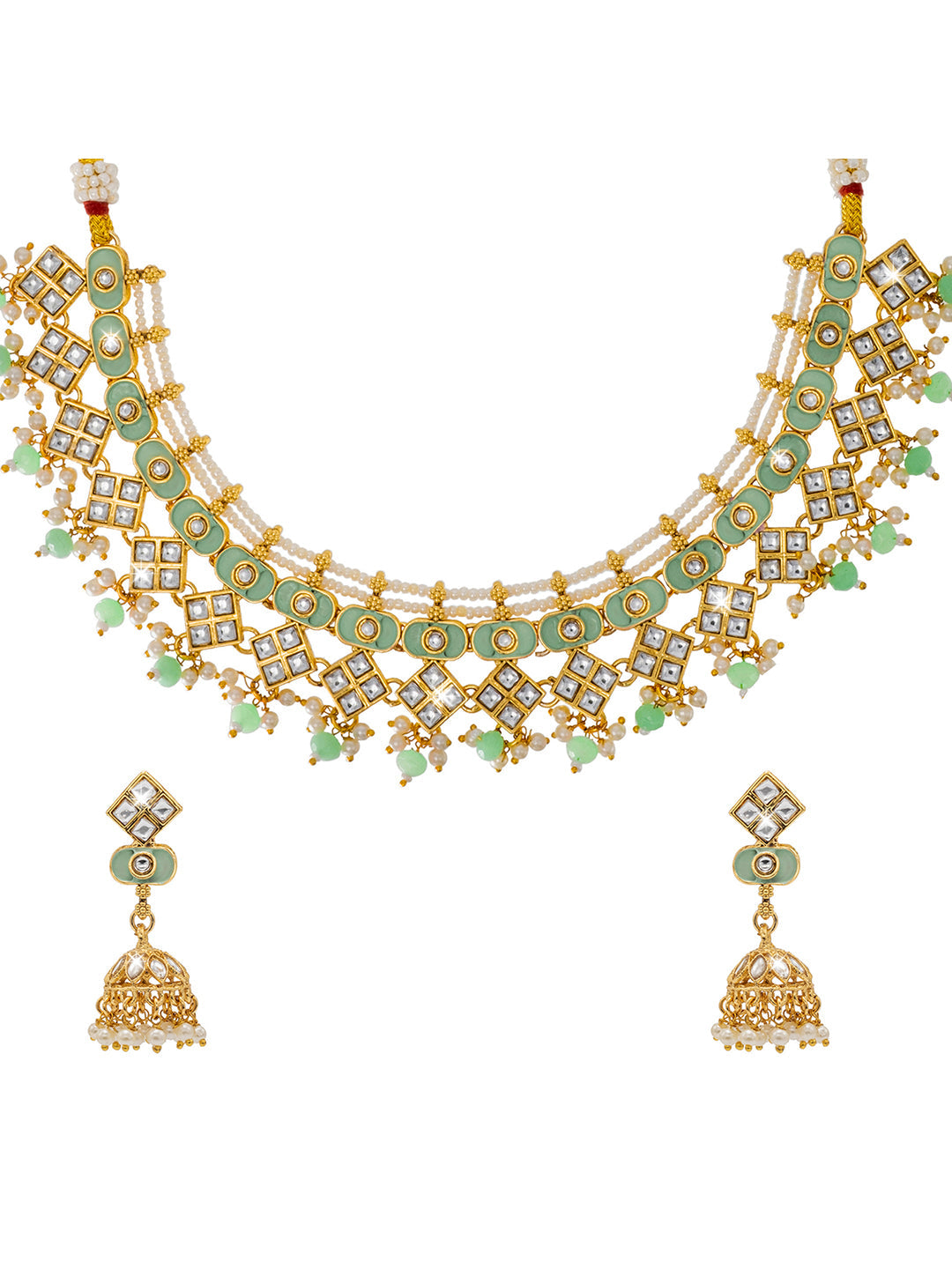 Shining Jewel Gold Plated CZ, Kundan, Peal,Studded Meenakari Bridal Choker with Matching Jhumka Earring Necklace Jewellery Set (SJN_290_LG)