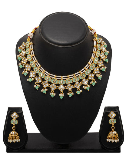 Shining Jewel Gold Plated CZ, Kundan, Peal,Studded Meenakari Bridal Choker with Matching Jhumka Earring Necklace Jewellery Set (SJN_290_LG)