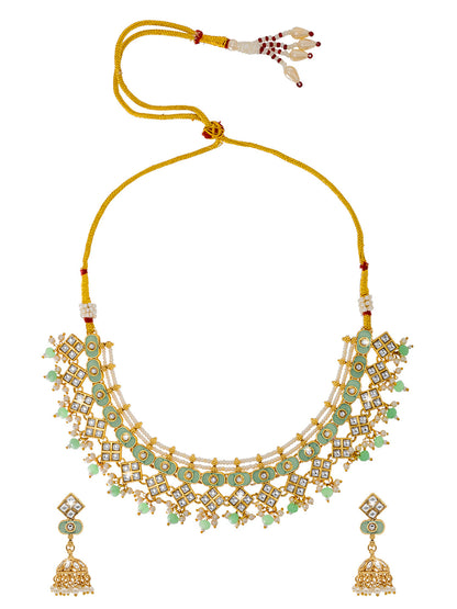 Shining Jewel Gold Plated CZ, Kundan, Peal,Studded Meenakari Bridal Choker with Matching Jhumka Earring Necklace Jewellery Set (SJN_290_LG)