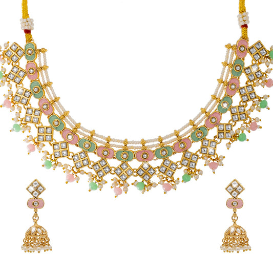 Shining Jewel Gold Plated CZ, Kundan, Peal,Studded Meenakari Bridal Choker with Matching Jhumka Earring Necklace Jewellery Set (SJN_290_PG)