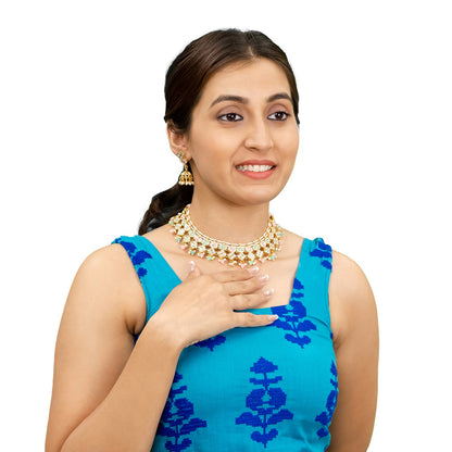 Shining Jewel Gold Plated CZ, Kundan, Peal,Studded Meenakari Bridal Choker with Matching Jhumka Earring Necklace Jewellery Set (SJN_290_PG)