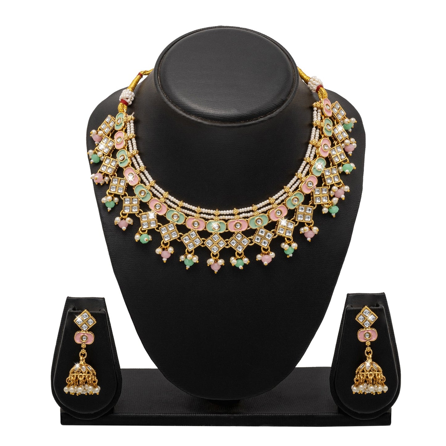 Shining Jewel Gold Plated CZ, Kundan, Peal,Studded Meenakari Bridal Choker with Matching Jhumka Earring Necklace Jewellery Set (SJN_290_PG)