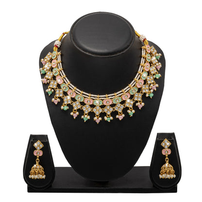 Shining Jewel Gold Plated CZ, Kundan, Peal,Studded Meenakari Bridal Choker with Matching Jhumka Earring Necklace Jewellery Set (SJN_290_PG)