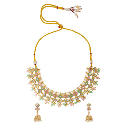 Shining Jewel Gold Plated CZ, Kundan, Peal,Studded Meenakari Bridal Choker with Matching Jhumka Earring Necklace Jewellery Set (SJN_290_PG)
