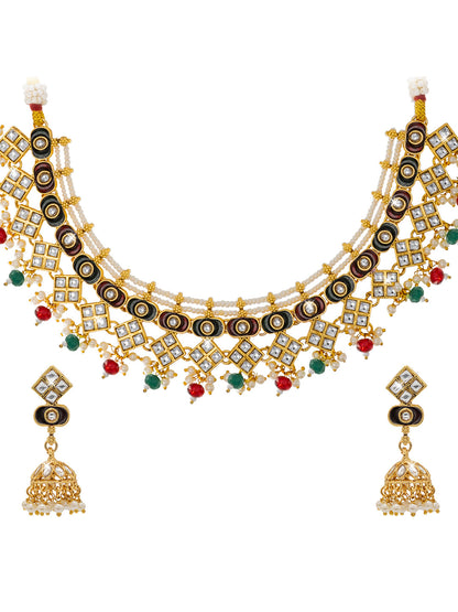 Shining Jewel Gold Plated CZ, Kundan, Peal,Studded Meenakari Bridal Choker with Matching Jhumka Earring Necklace Jewellery Set (SJN_290_RG)