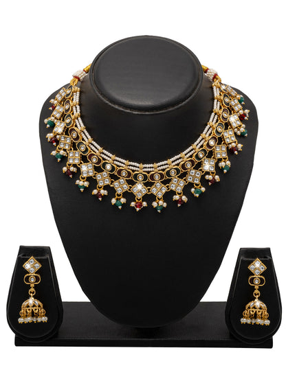 Shining Jewel Gold Plated CZ, Kundan, Peal,Studded Meenakari Bridal Choker with Matching Jhumka Earring Necklace Jewellery Set (SJN_290_RG)