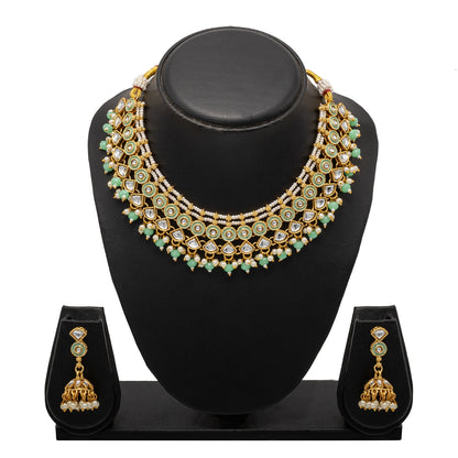 Shining Jewel Gold Plated CZ, Kundan, Peal,Studded Meenakari Bridal Choker with Matching Jhumka Earring Necklace Jewellery Set (SJN_291_LG)