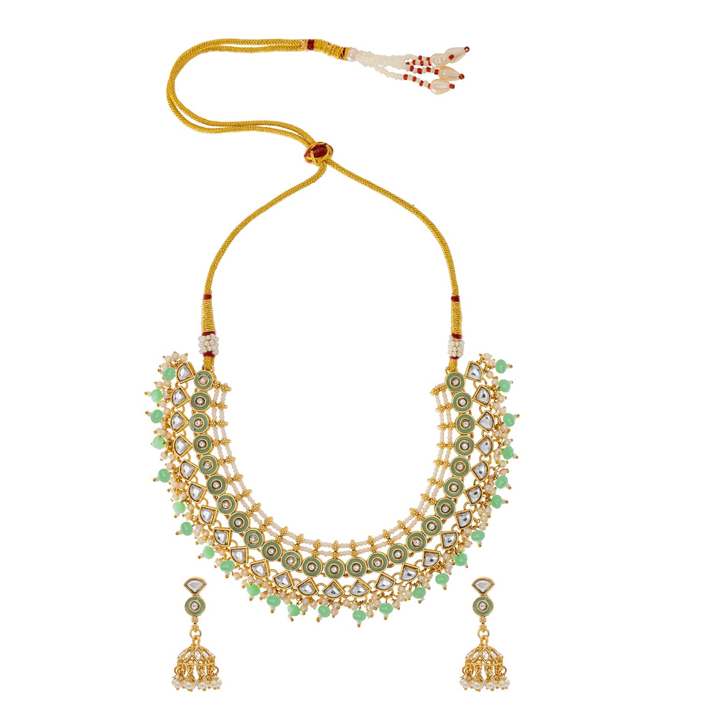 Shining Jewel Gold Plated CZ, Kundan, Peal,Studded Meenakari Bridal Choker with Matching Jhumka Earring Necklace Jewellery Set (SJN_291_LG)