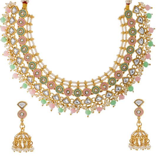 Shining Jewel Gold Plated CZ, Kundan, Peal,Studded Meenakari Bridal Choker with Matching Jhumka Earring Necklace Jewellery Set (SJN_291_LG)