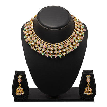 Shining Jewel Gold Plated CZ, Kundan, Peal,Studded Meenakari Bridal Choker with Matching Jhumka Earring Necklace Jewellery Set (SJN_291_PG)