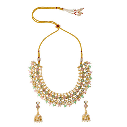 Shining Jewel Gold Plated CZ, Kundan, Peal,Studded Meenakari Bridal Choker with Matching Jhumka Earring Necklace Jewellery Set (SJN_291_PG)