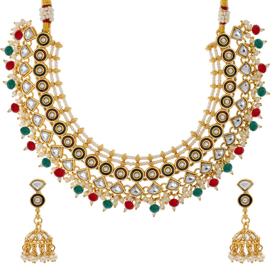 Shining Jewel Gold Plated CZ, Kundan, Peal,Studded Meenakari Bridal Choker with Matching Jhumka Earring Necklace Jewellery Set (SJN_291_RG)