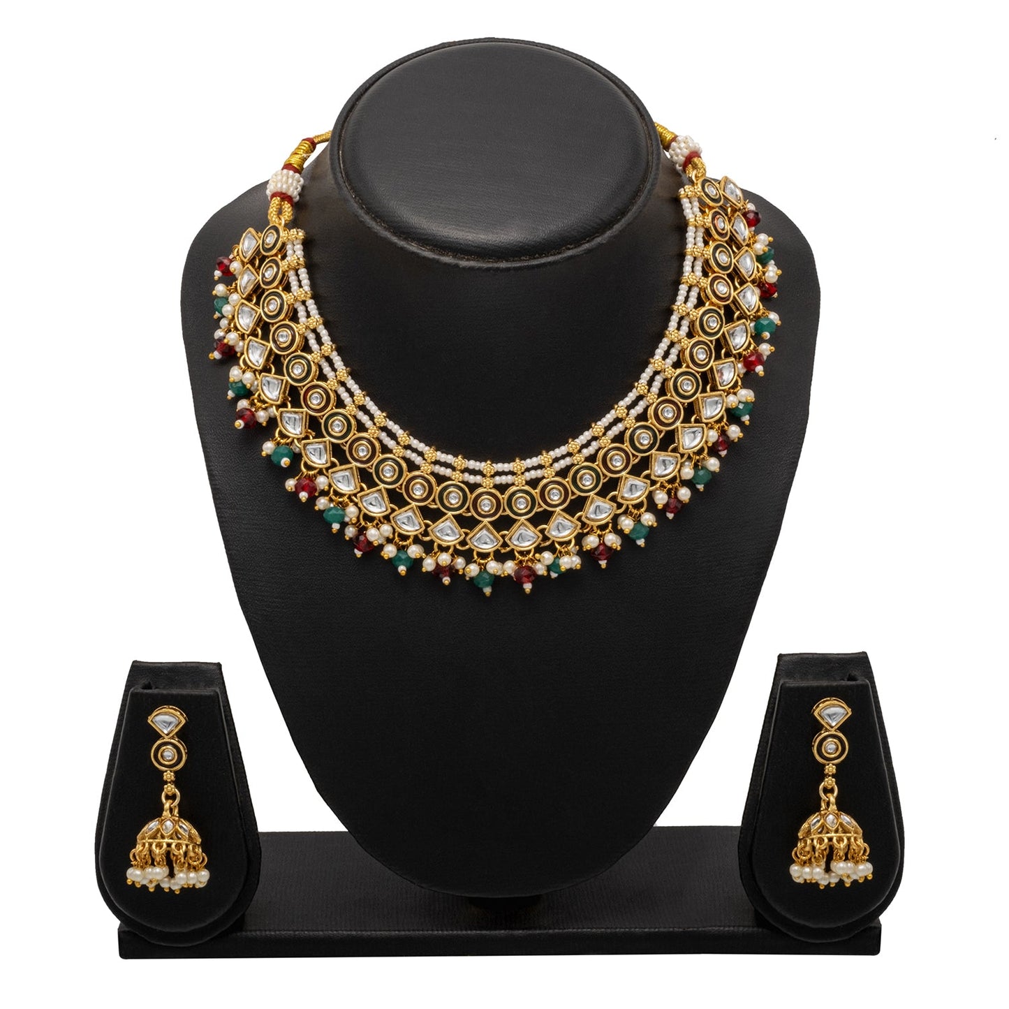 Shining Jewel Gold Plated CZ, Kundan, Peal,Studded Meenakari Bridal Choker with Matching Jhumka Earring Necklace Jewellery Set (SJN_291_RG)