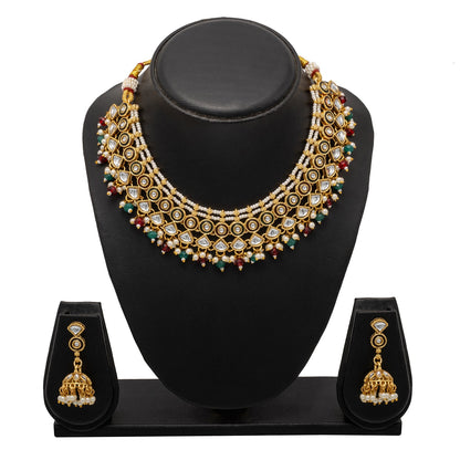 Shining Jewel Gold Plated CZ, Kundan, Peal,Studded Meenakari Bridal Choker with Matching Jhumka Earring Necklace Jewellery Set (SJN_291_RG)