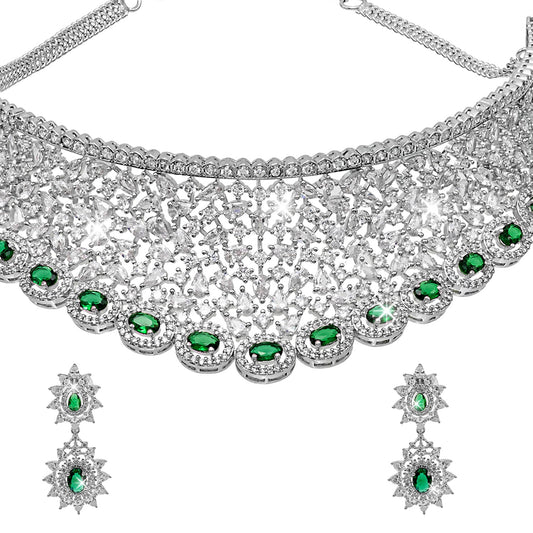 Shining Jewel Silver Plated Western CZ, Crystals & AD Design Choker Necklace with Maching Bridal Earrings Jewellery Jewelry Set (SJN_292_G)