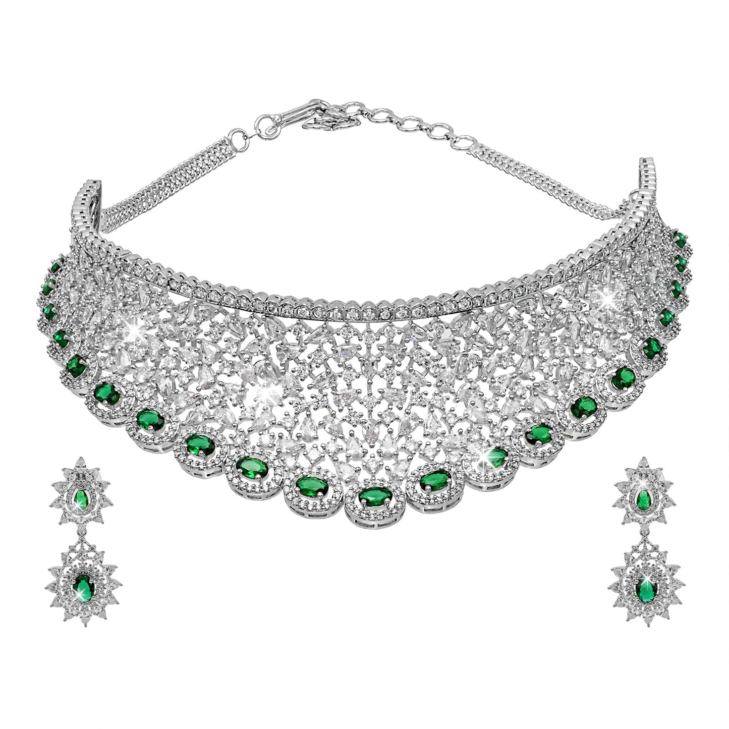 Shining Jewel Silver Plated Western CZ, Crystals & AD Design Choker Necklace with Maching Bridal Earrings Jewellery Jewelry Set (SJN_292_G)