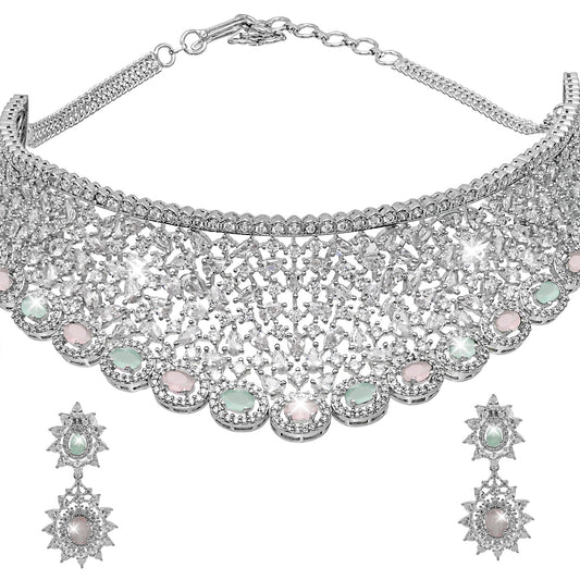 Shining Jewel Silver Plated Western CZ, Crystals & AD Design Choker Necklace with Maching Bridal Earrings Jewellery Jewelry Set (SJN_292_MT)