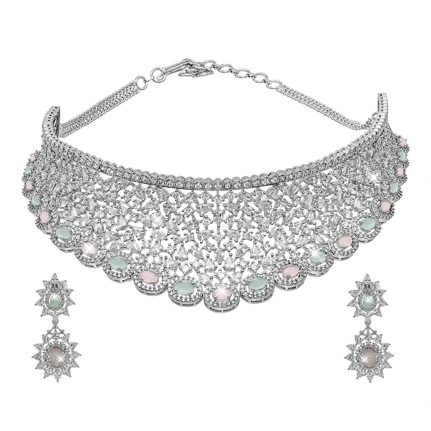 Shining Jewel Silver Plated Western CZ, Crystals & AD Design Choker Necklace with Maching Bridal Earrings Jewellery Jewelry Set (SJN_292_MT)