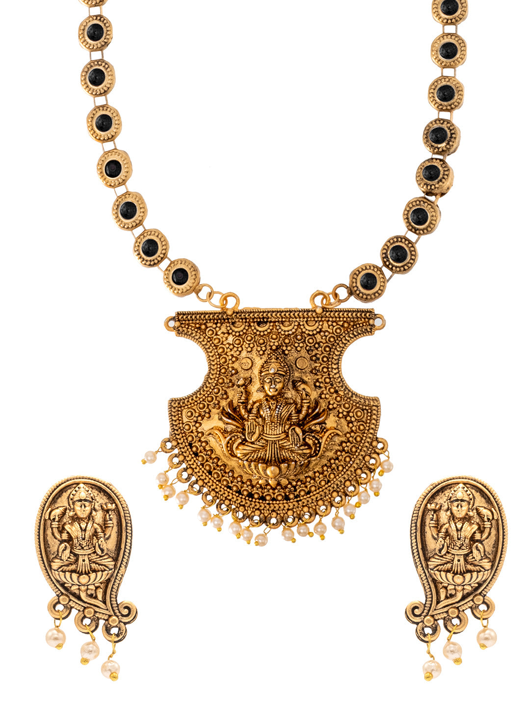 Shining Jewel Traditional Indian Antique Gold Plated Kundan, CZ Studded Pendant Necklace with Matching Earring & Pearls Jewellery Jewelry Set For Women (SJN_294_G_BK)