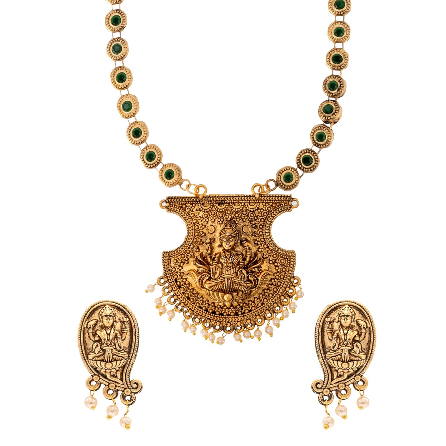 Shining Jewel Traditional Indian Antique Gold Plated Kundan, CZ Studded Pendant Necklace with Matching Earring & Pearls Jewellery Jewelry Set For Women (SJN_294_G_G)