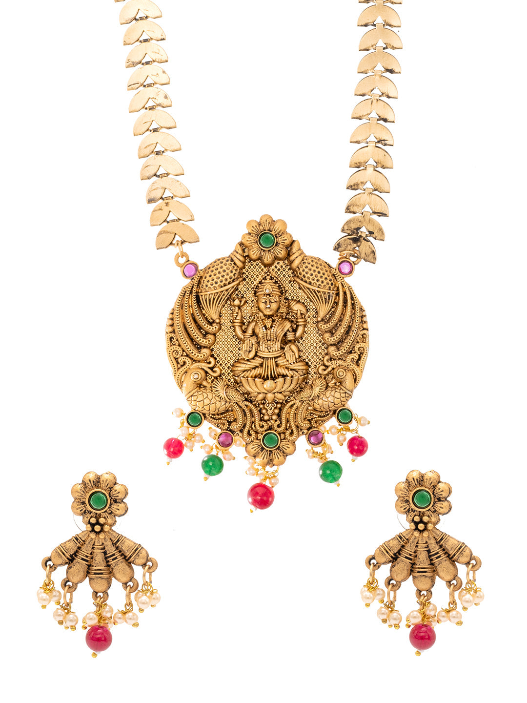 Shining Jewel Traditional Indian Antique Gold Plated Kundan, CZ Studded Pendant Necklace with Matching Earring & Pearls Jewellery Jewelry Set For Women (SJN_295_G_RG)