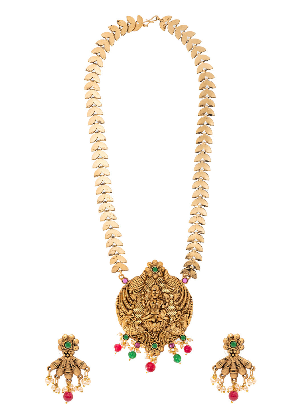 Shining Jewel Traditional Indian Antique Gold Plated Kundan, CZ Studded Pendant Necklace with Matching Earring & Pearls Jewellery Jewelry Set For Women (SJN_295_G_RG)