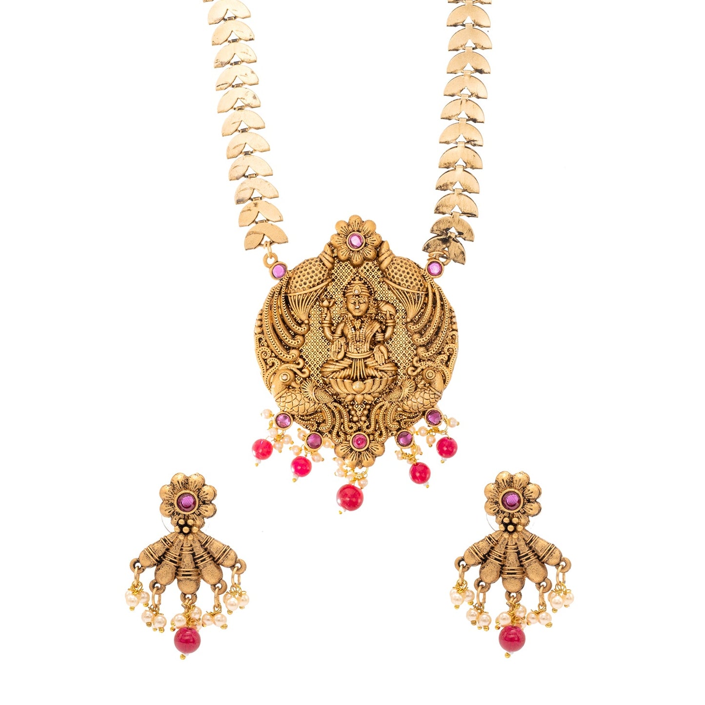 Shining Jewel Traditional Indian Antique Gold Plated Kundan, CZ Studded Pendant Necklace with Matching Earring & Pearls Jewellery Jewelry Set For Women (SJN_295_G_M)