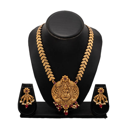 Shining Jewel Traditional Indian Antique Gold Plated Kundan, CZ Studded Pendant Necklace with Matching Earring & Pearls Jewellery Jewelry Set For Women (SJN_295_G_M)