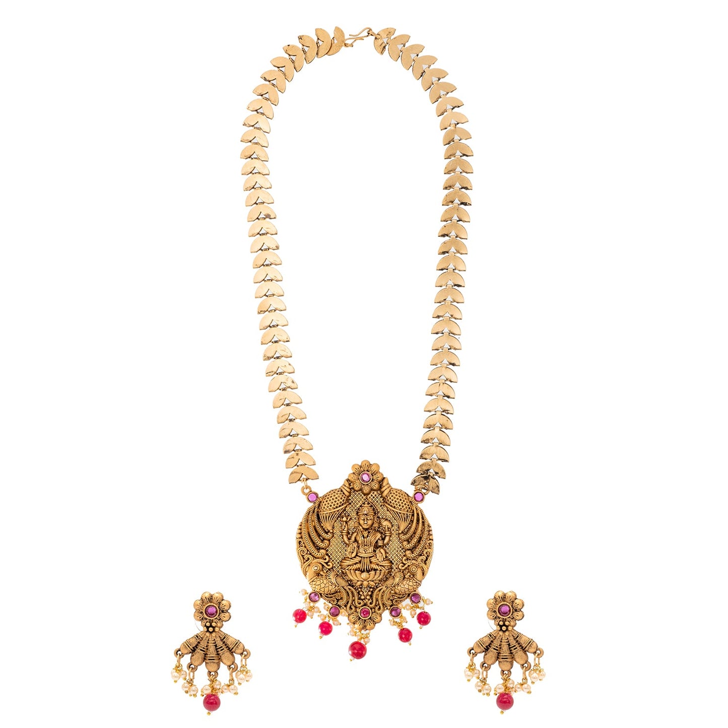 Shining Jewel Traditional Indian Antique Gold Plated Kundan, CZ Studded Pendant Necklace with Matching Earring & Pearls Jewellery Jewelry Set For Women (SJN_295_G_M)