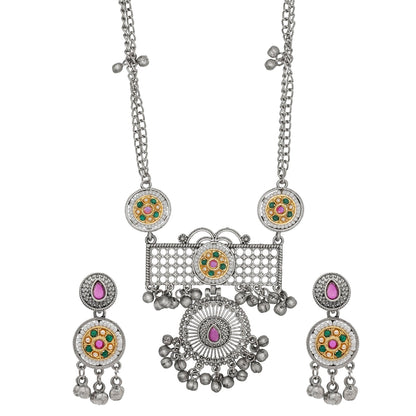 Antique Silver Oxidised Oxidized CZ,Pearl Beaded Pendant Design With Matching Attractive Earring Long Jewellery Jewelry Necklace Set (SJN_296_S_RG)
