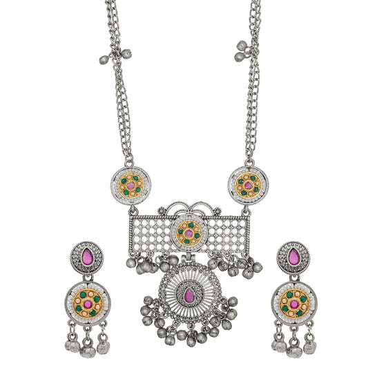 Antique Silver Oxidised Oxidized CZ,Pearl Beaded Pendant Design With Matching Attractive Earring Long Jewellery Jewelry Necklace Set (SJN_296_S_RG)