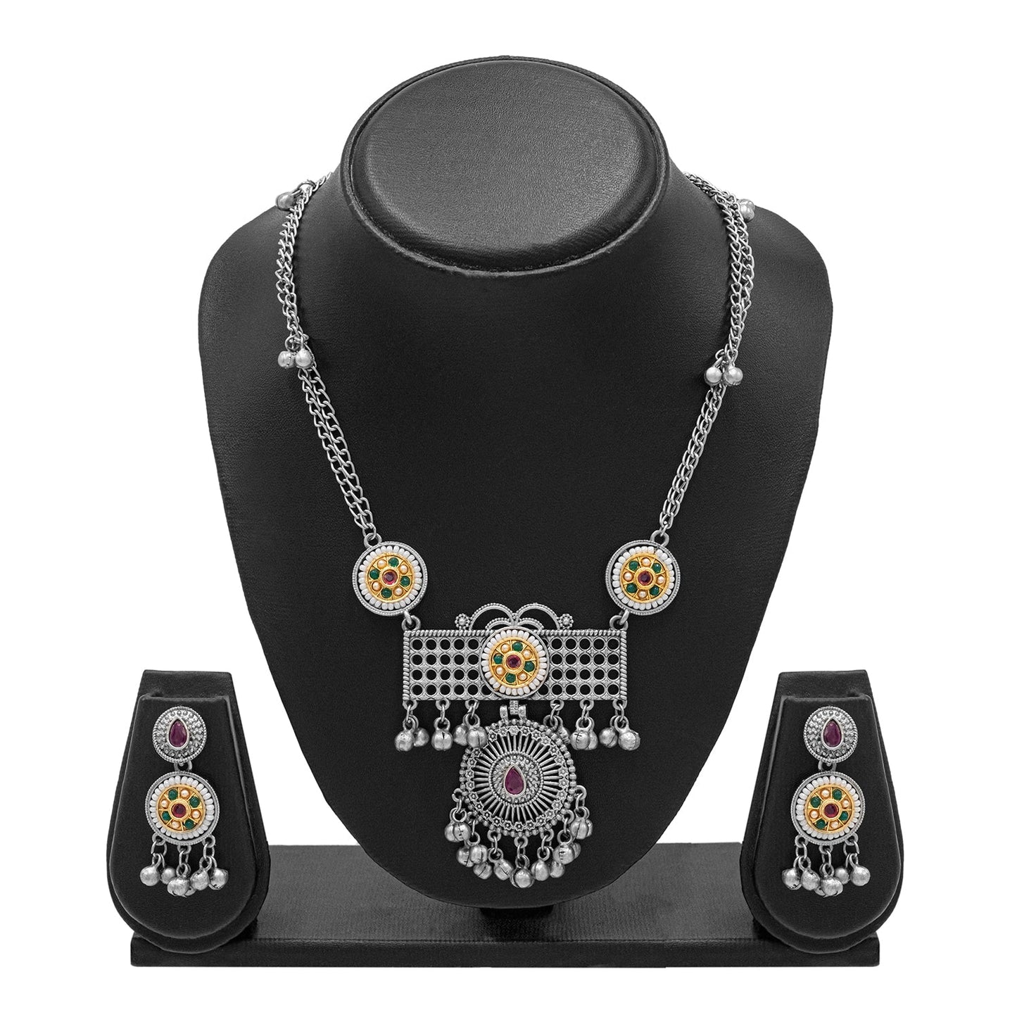 Antique Silver Oxidised Oxidized CZ,Pearl Beaded Pendant Design With Matching Attractive Earring Long Jewellery Jewelry Necklace Set (SJN_296_S_RG)
