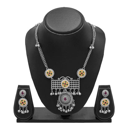 Antique Silver Oxidised Oxidized CZ,Pearl Beaded Pendant Design With Matching Attractive Earring Long Jewellery Jewelry Necklace Set (SJN_296_S_RG)