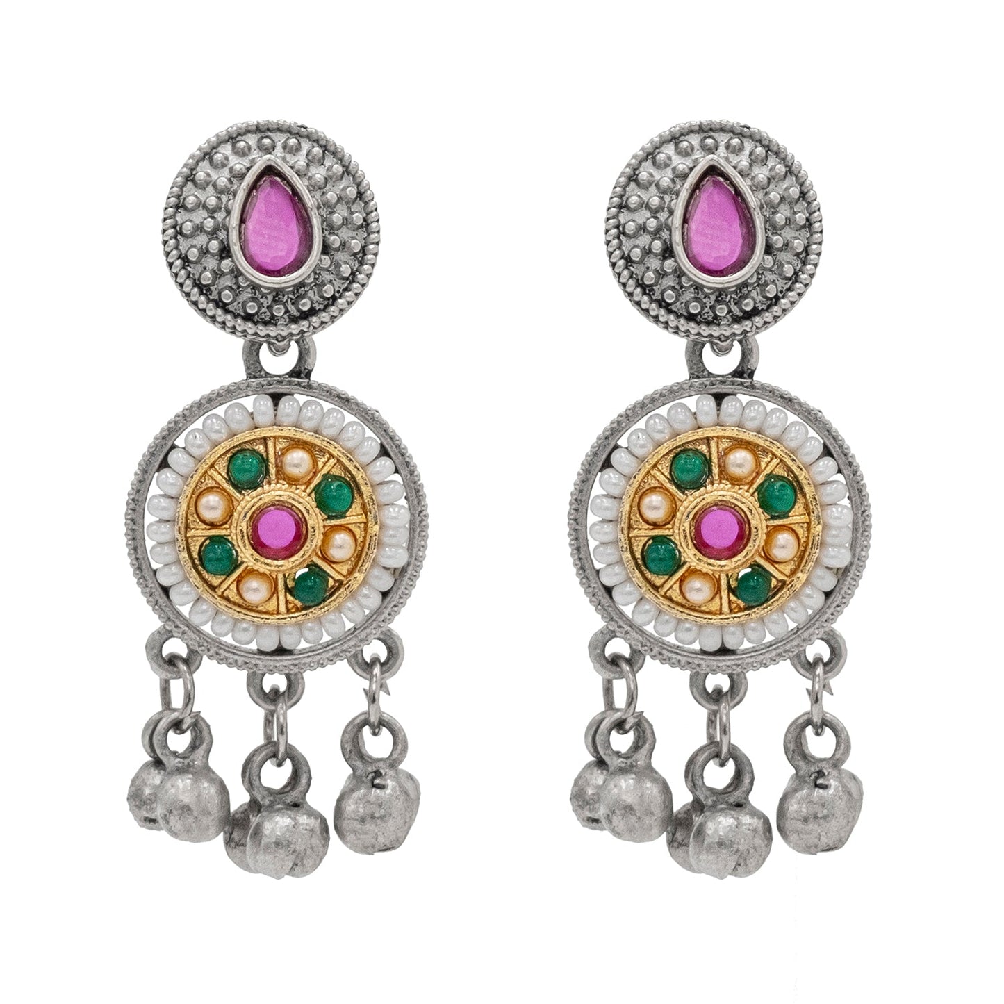 Antique Silver Oxidised Oxidized CZ,Pearl Beaded Pendant Design With Matching Attractive Earring Long Jewellery Jewelry Necklace Set (SJN_296_S_RG)
