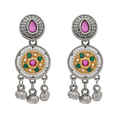 Antique Silver Oxidised Oxidized CZ,Pearl Beaded Pendant Design With Matching Attractive Earring Long Jewellery Jewelry Necklace Set (SJN_296_S_RG)