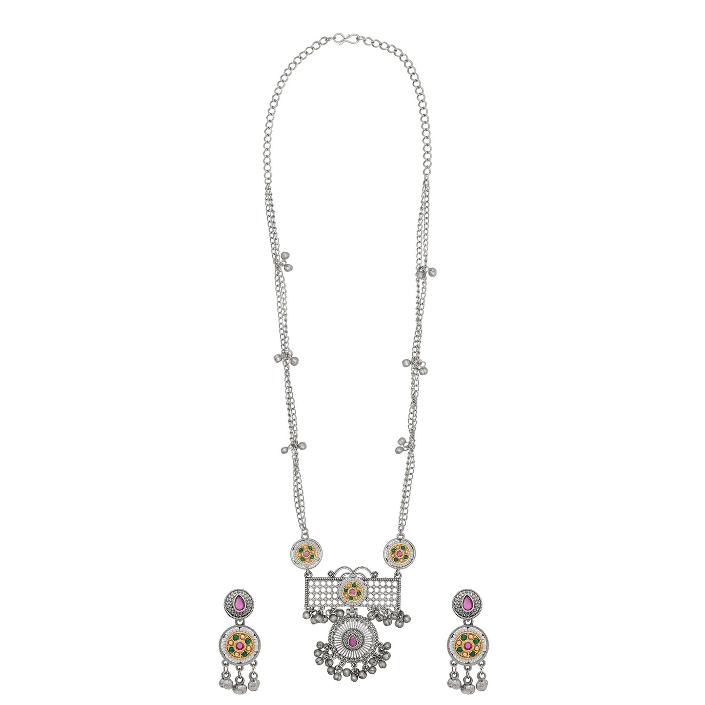 Antique Silver Oxidised Oxidized CZ,Pearl Beaded Pendant Design With Matching Attractive Earring Long Jewellery Jewelry Necklace Set (SJN_296_S_RG)